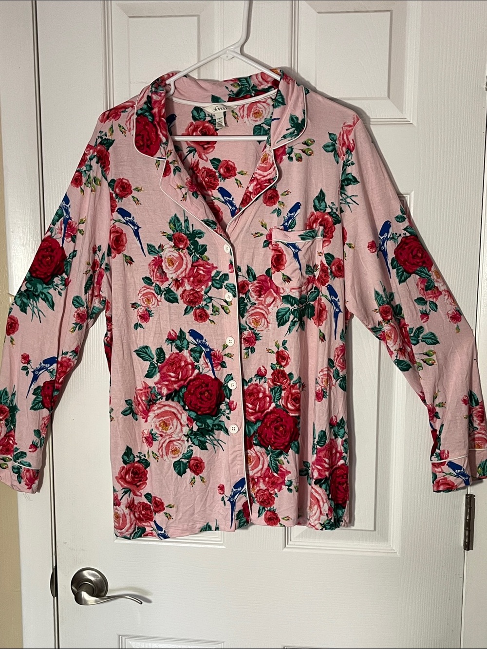 Soma notch collar floral blue bird long sleeve button up pajama top pocket XL